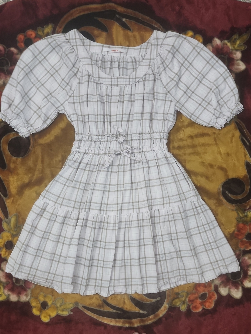 Gingham White Plaid Puff-Sleeve Smocked Dress